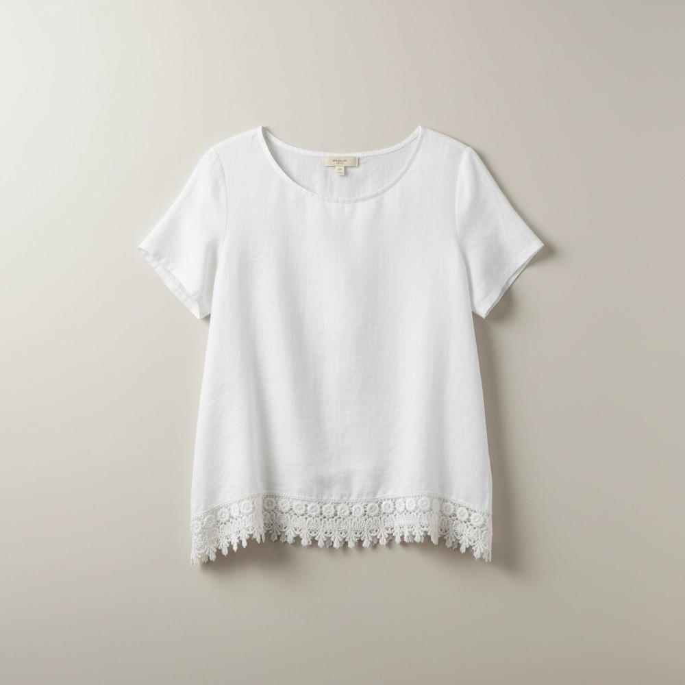 Made in Italy Linen Top White Lace Hem Lagenlook Boho Minimalist Blouse Size M